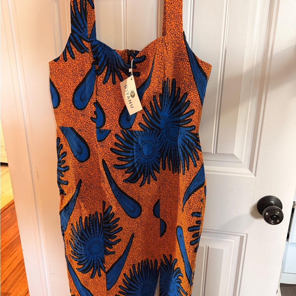Bold Orange Dress with Blue Motif by D’iyanu